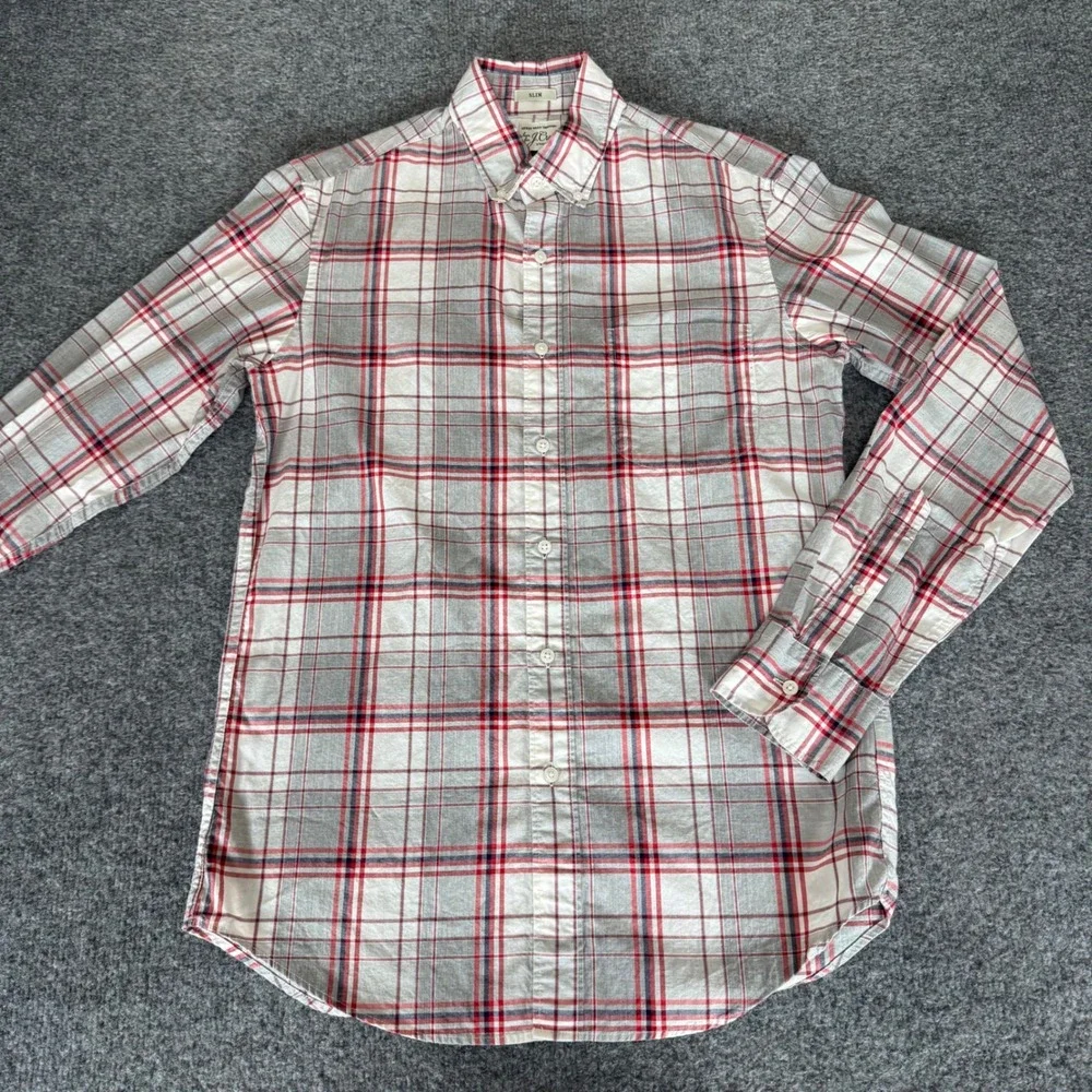 J.Crew Shirt Mens Small Gray Red Plaid Slim Fit Stretch‎ Button Down Long Sleeve